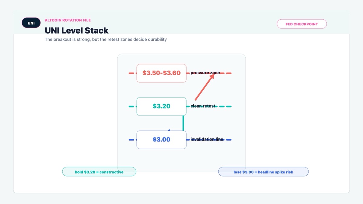 UNI key levels stack showing $3.00 invalidation, $3.20 retest and $3.50-$3.60 pressure zone