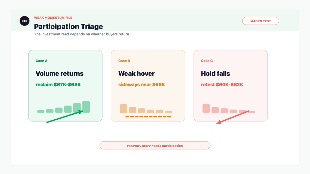 Bitcoin conditional forecast diagnostic showing stronger volume, weak $66K hold and retest risk