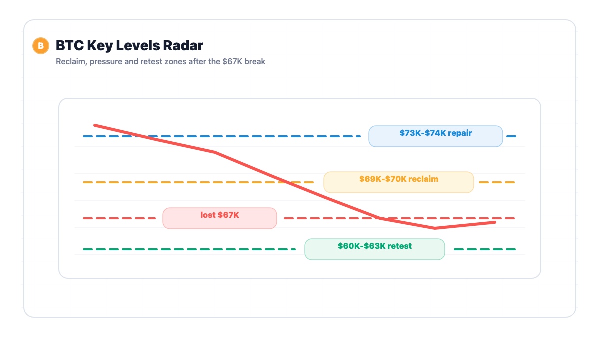 Bitcoin key levels map showing $67K pressure $69K-$70K reclaim and $60K-$63K retest zone