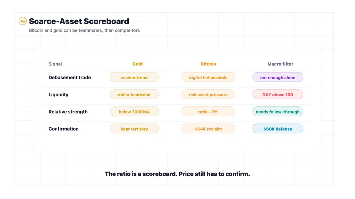 Bitcoin and gold scarce asset scoreboard with dollar and rate pressure