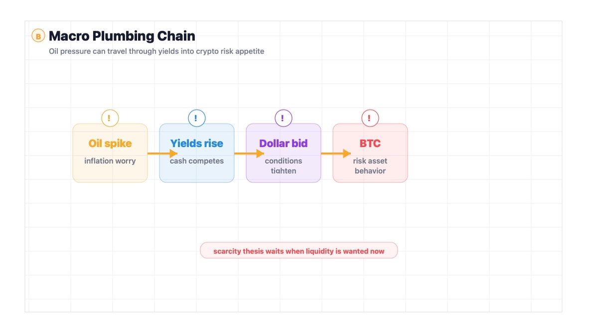 Bitcoin macro pressure chain showing oil inflation yields dollar and crypto risk-off impact