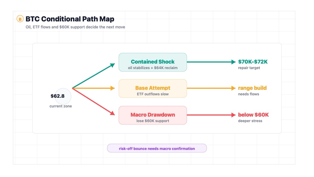 Bitcoin conditional forecast path map for oil stabilization ETF outflows and $60K breakdown risk