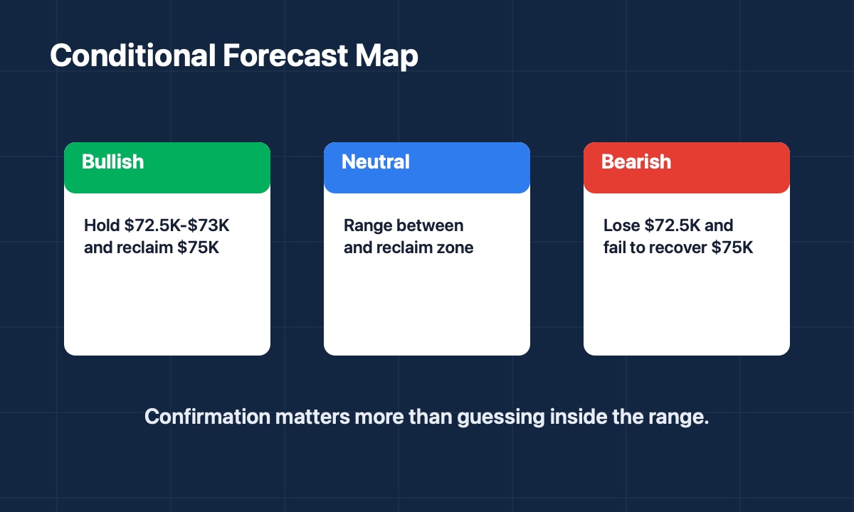 Bitcoin conditional forecast map showing bullish neutral and bearish scenarios after liquidity drain warning