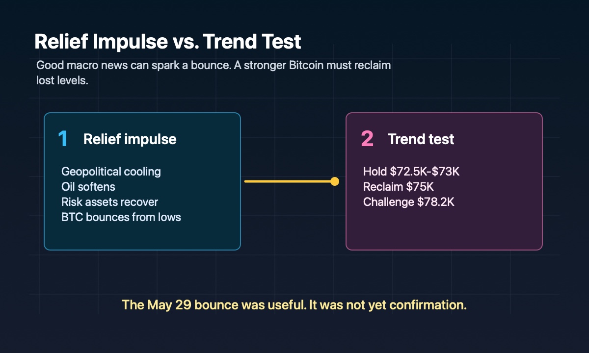 Bitcoin relief rally model showing risk-on impulse and key trend test levels