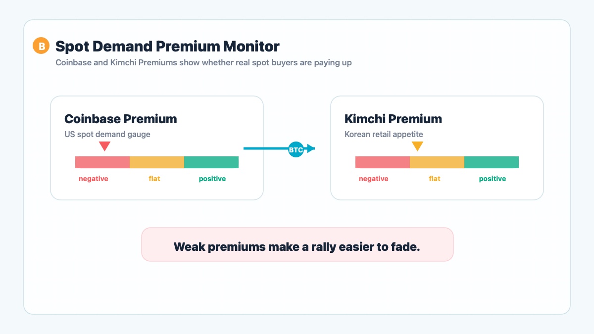 Bitcoin spot demand premium map showing negative Coinbase Premium and weak Kimchi Premium signals