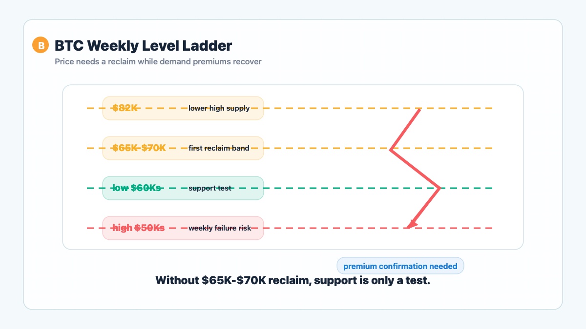 Bitcoin key levels ladder showing low $60K support, $65K-$70K reclaim and $82K lower high