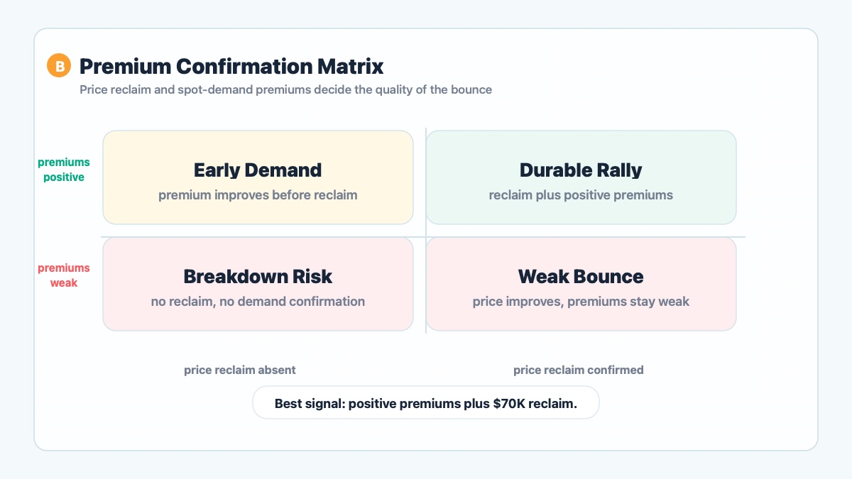 Bitcoin conditional rally matrix based on premium recovery and price reclaim confirmation