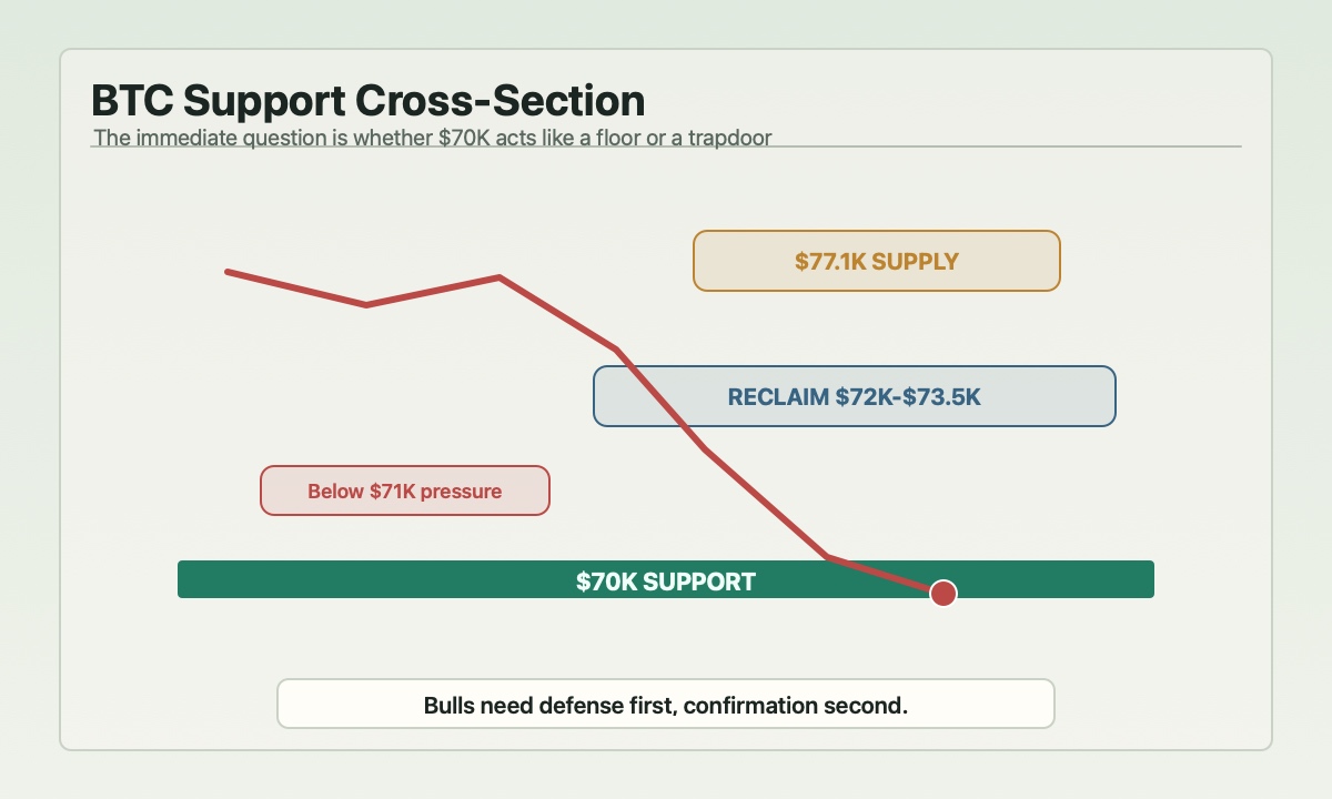 Bitcoin key levels map showing $70K support $72K-$73.5K reclaim and $77.1K supply