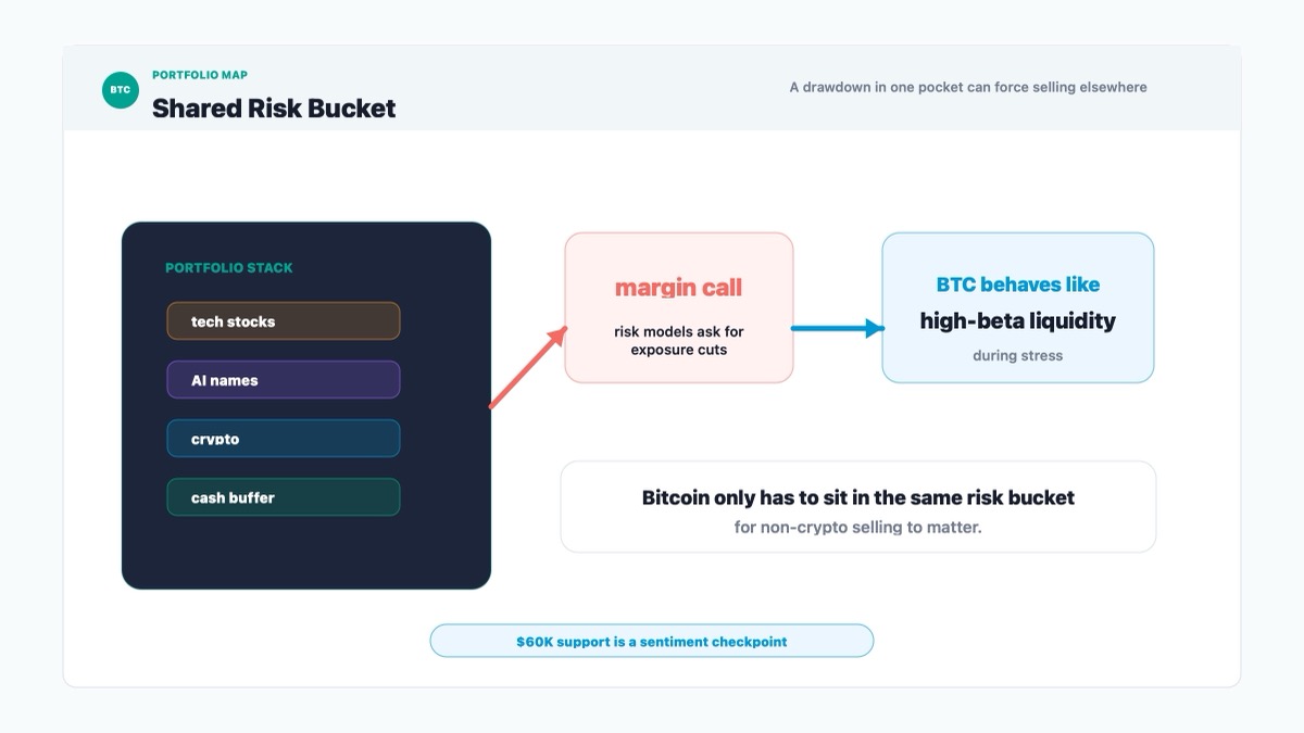 Bitcoin shared risk bucket dashboard showing tech, AI, crypto and liquidity exposure