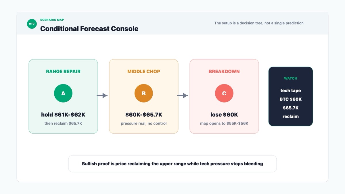 Bitcoin conditional forecast console showing range repair, middle chop and $56K downside risk
