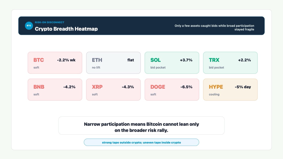 Bitcoin crypto participation heatmap showing mixed altcoin performance and weak broad demand