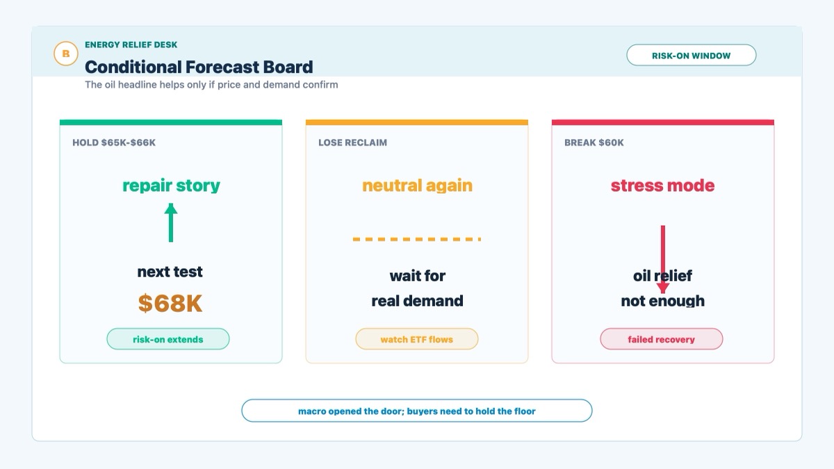 Bitcoin conditional forecast map for oil relief rally, reclaim zone hold and breakdown risk