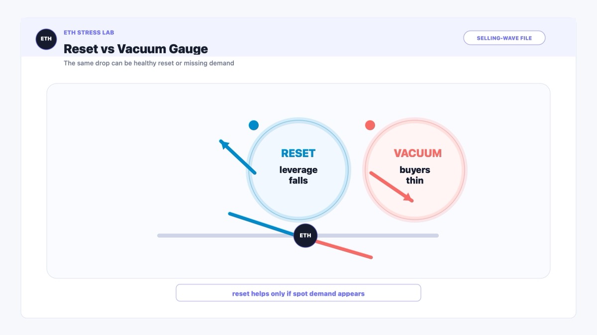 Ethereum reset versus demand vacuum gauge showing leverage cooling and buyer weakness