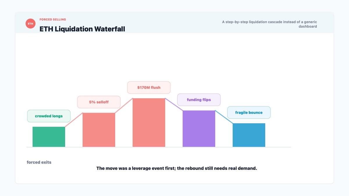 Ethereum liquidation cascade showing $170M long positions flushed as ETH drops near $1.7K