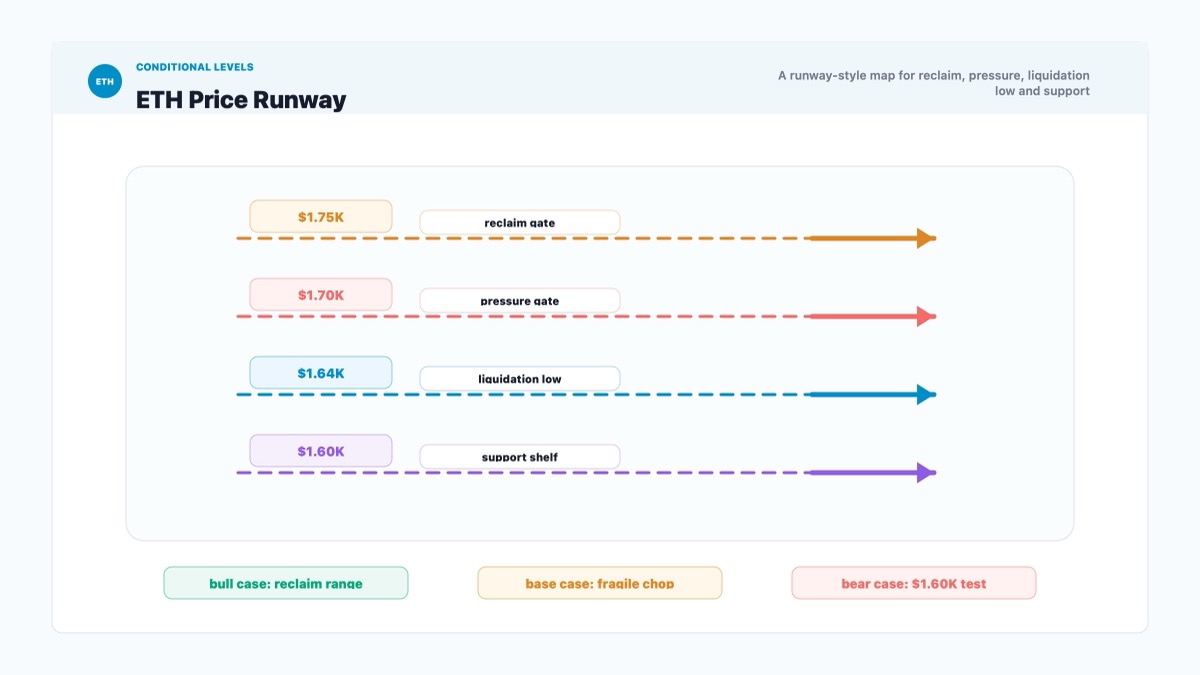 Ethereum price runway showing $1,750 reclaim, $1,700 pressure, $1,640 liquidation low and $1,600 support