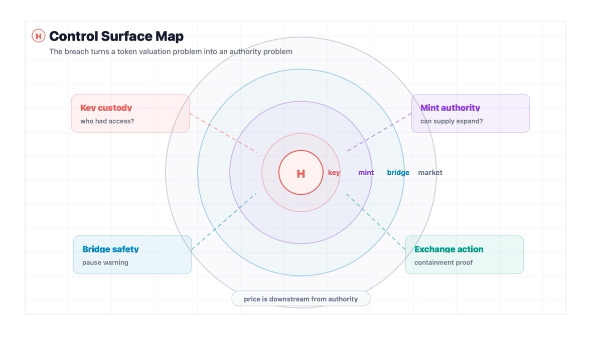 H token control risk dashboard showing private keys bridge safety mint authority and liquidity exposure