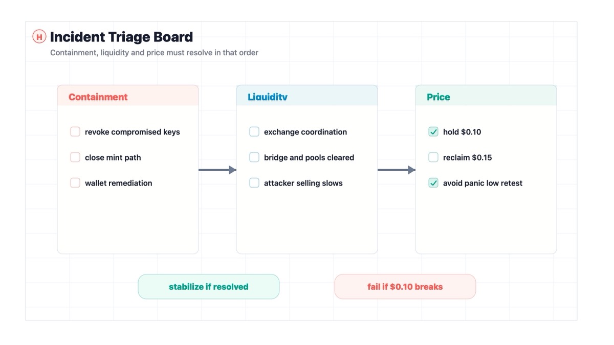 H token conditional recovery path showing containment liquidity and price repair after private key hack