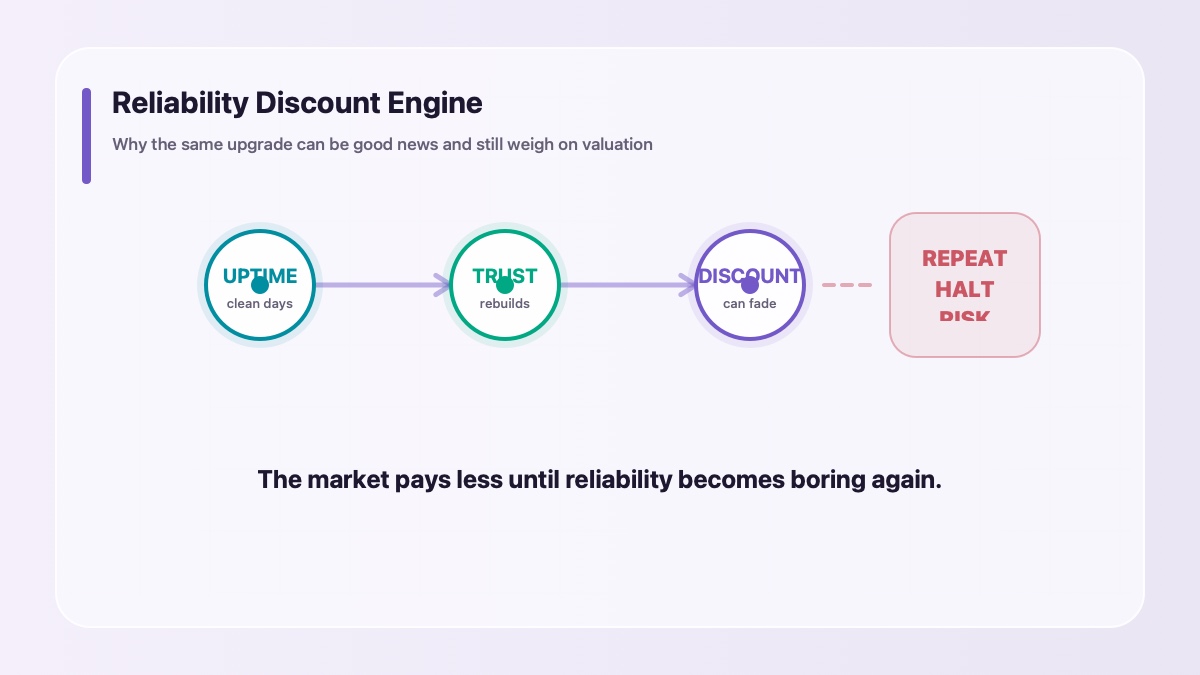 Sui reliability discount model showing uptime trust and SUI token valuation pressure