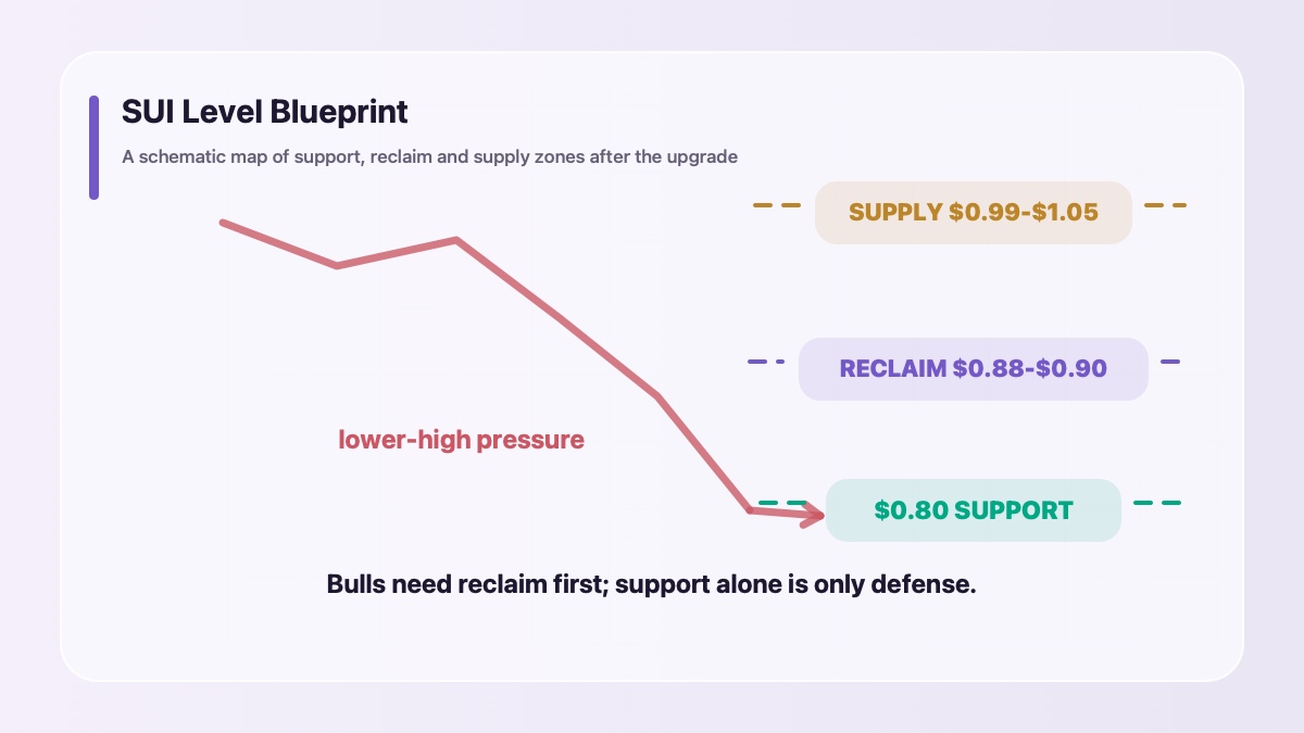SUI key levels map showing $0.80 support $0.88-$0.90 reclaim and $0.99-$1.05 supply