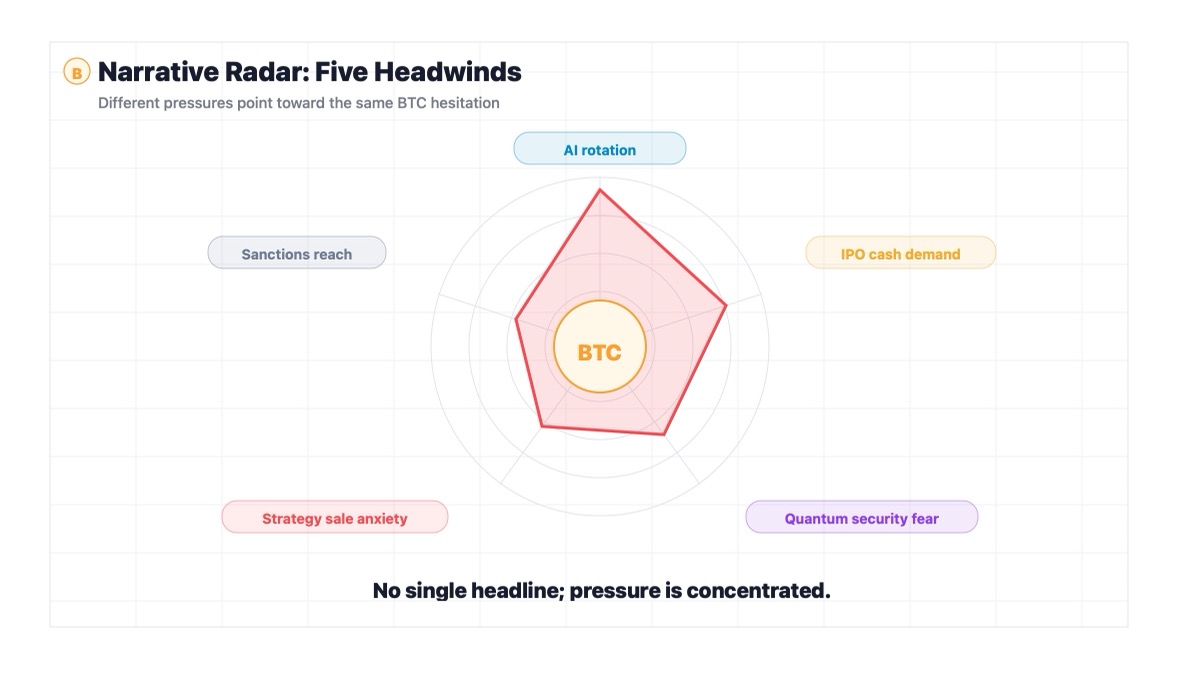 Bitcoin multi-pressure stack showing AI rotation IPO liquidity quantum fears sanctions risk and Strategy sale anxiety