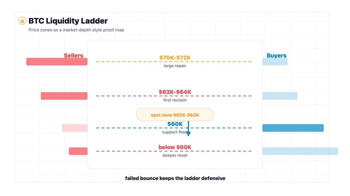 Bitcoin key levels chart showing $60K support, $63K-$64K repair and $70K-$72K larger repair zone