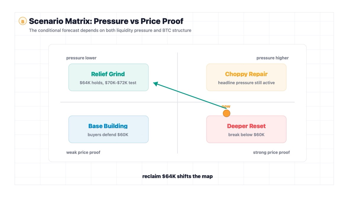 Bitcoin conditional forecast path map for $64K reclaim, AI capital rotation, IPO liquidity and $60K breakdown risk